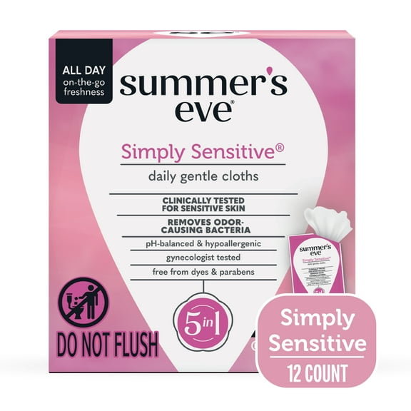 Summer’s Eve Simply Sensitive Daily Feminine Wipes, Removes Odor, pH Balanced, 12 count