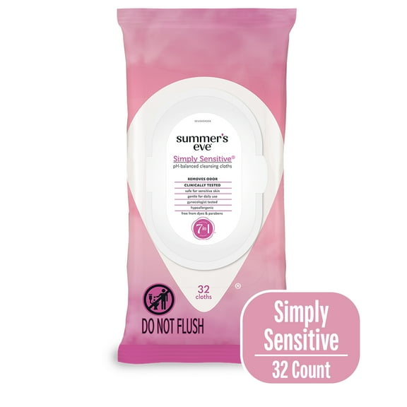 Summer’s Eve Simply Sensitive Daily Feminine Wipes, Removes Odor, pH Balanced, 32 count