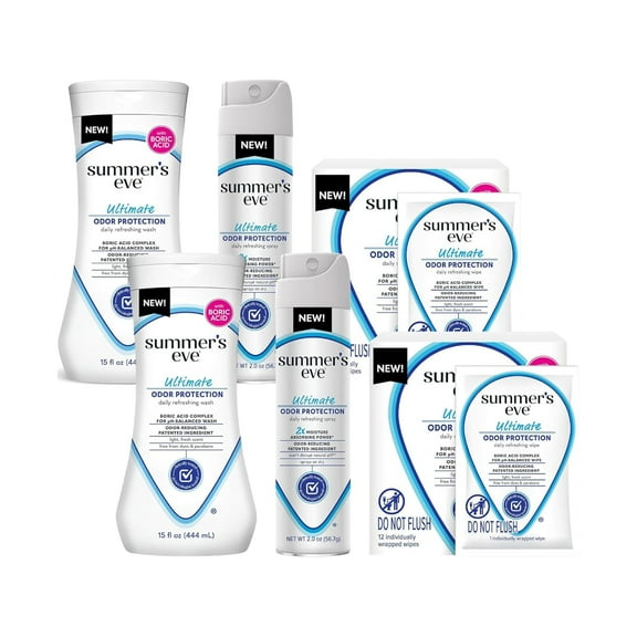 Summer's Eve Ultimate Odor Protection, 2 Spray, 2 oz, 2 Wash, 15 fl oz, 2 Wipes, 12 per Box, 6 CT (Variety Pack)