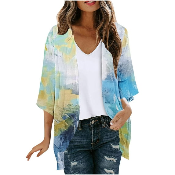 Summer savings 2024,Abomasnow Summer Cardigans for Women Lightweight 3/4 Sleeve Print Open Front Kimono Outwear Loose Swimsuit Cover Ups