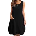 thumbnail image 1 of LADIGASU Women Loose V-Neck Summer Solid Short Sleeve Cotton And Linen Dress, 1 of 7