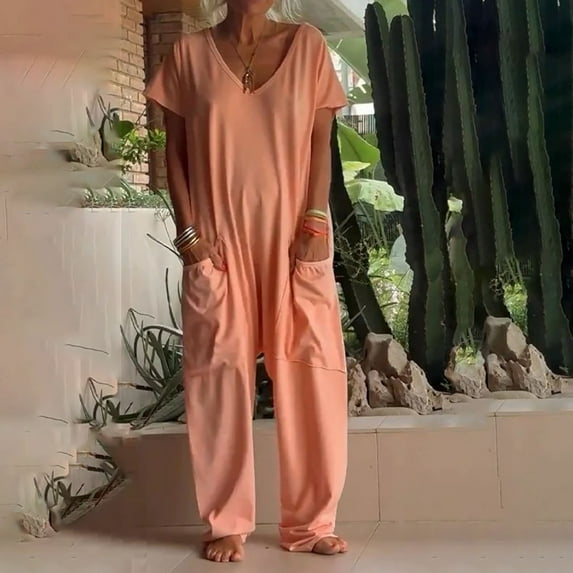Summer savings SEMPAI Women's Summer Solid Color V-neck Short-sleeved Oversized Pocket Straight Pants Daily Casual Loose Low-grade Jumpsuit Pants Up to 65% off