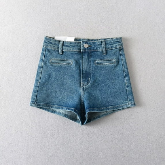 Summer sexy high-waisted, slimming, elastic denim shorts with front pockets that show off legs