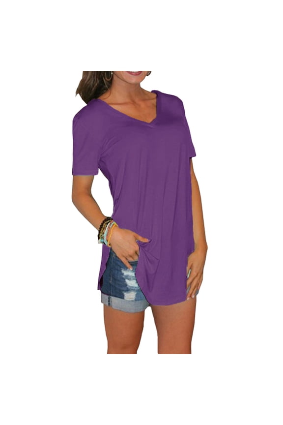 New Summer solid color blouse V-neck short sleeve loose T-shirt hem arc women clothes