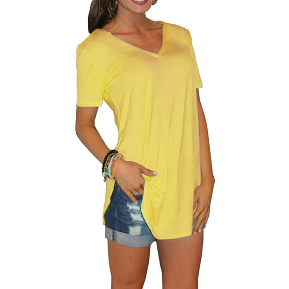 New Summer solid color blouse V-neck short sleeve loose T-shirt hem arc women clothes