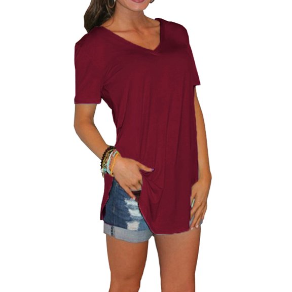 New Summer solid color blouse V-neck short sleeve loose T-shirt hem arc women clothes