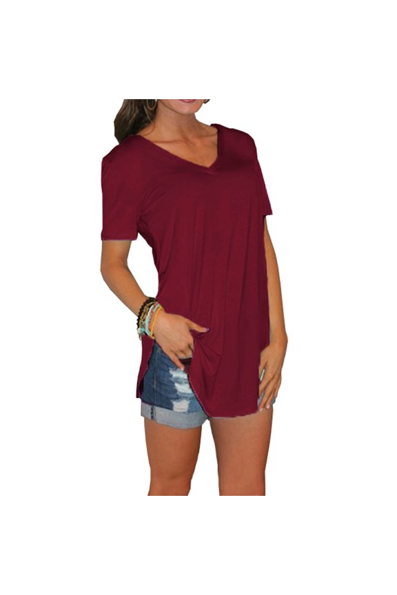 Summer solid color blouse V-neck short sleeve loose T-shirt hem arc women clothes