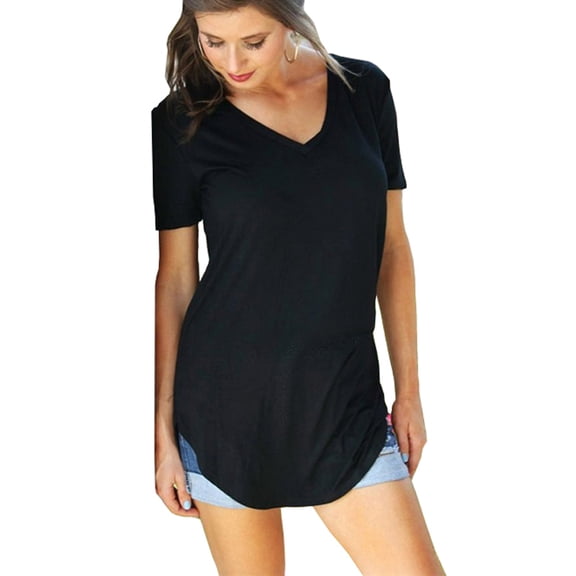 New Summer solid color blouse V-neck short sleeve loose T-shirt hem arc women clothes