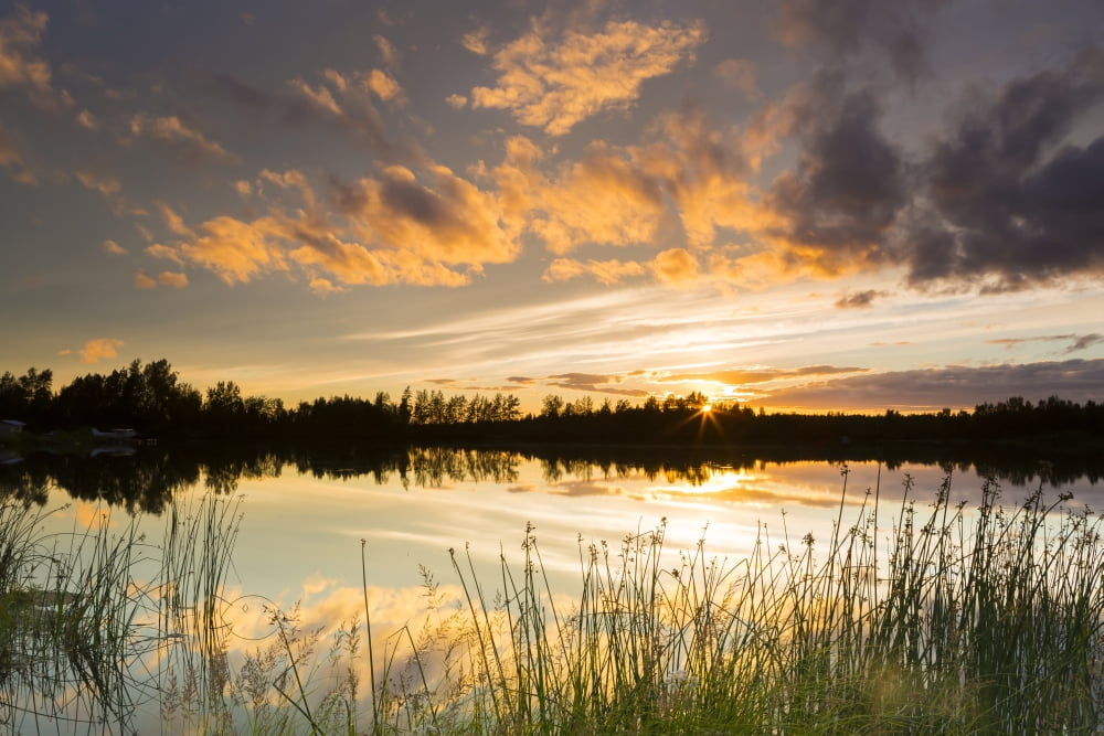 Summer sunset over Six Mile Lake near Anchorage Alaska United States of America Canvas Art - Michael DeYoung Design Pics (19 x 12)
