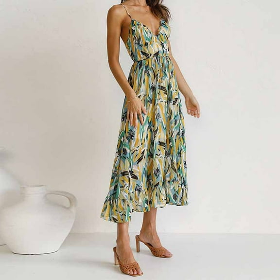 Summer temperament sexy deep V printed dress for women summer fashion women's dress