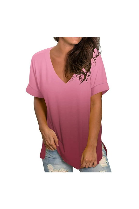 Summer under $10 Women Plus Size Solid V Neck Tunic Shirt Short Sleeved Long Swing T-shirt Blouse Wine_A,XXL