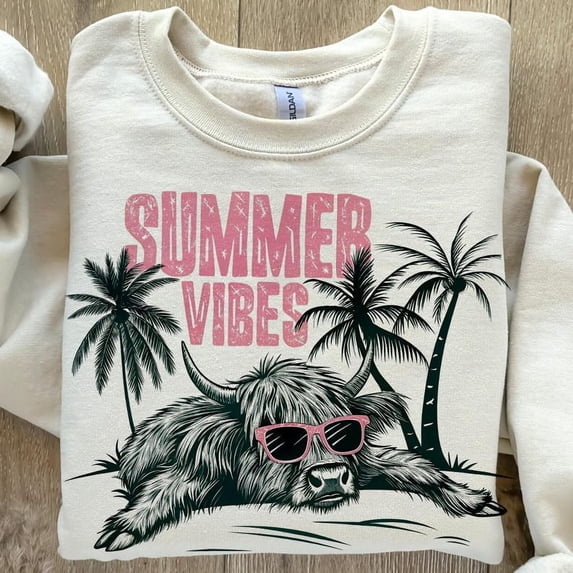 Summer vibes T-shirt, Highland cow Shirt, Retro summer shirt, Funny beach shirt, Summer Tee TH260517