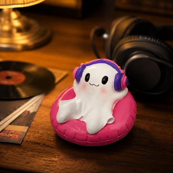 Summer ween Pink Halloween Ghost Figurine with Headphones on Pool Float, Cute Resin Spooky Statue