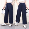 thumbnail image 1 of Summer wide leg pants, women's thin cut navy blue loose straight leg pants, cropped pants, elastic waisted casual pants, 1 of 9