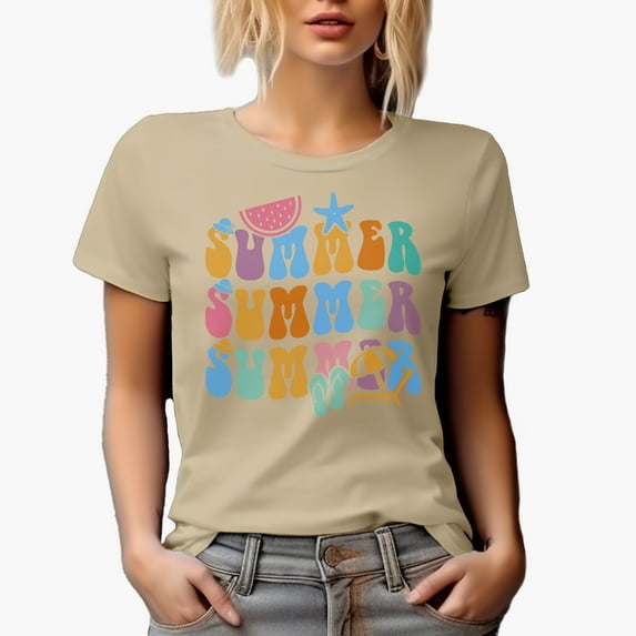 Summer with Watermelon, Hat, Starfish, Slippers, Umbrella & Beach Chair, Groovy Retro Wavy Text Merch Gift, Tan T-Shirt, Medium