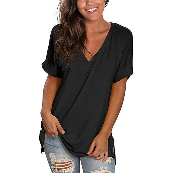 Summer women's V-neck solid color short-sleeved loose T-shirt with slits on both sides