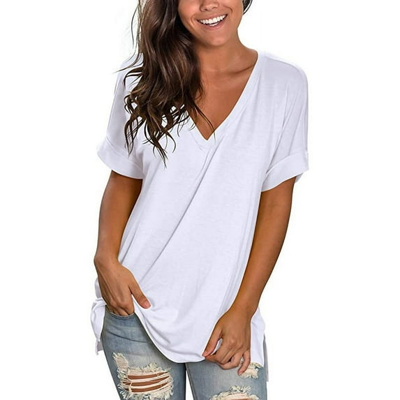 Summer women's V-neck solid color short-sleeved loose T-shirt with slits on both sides