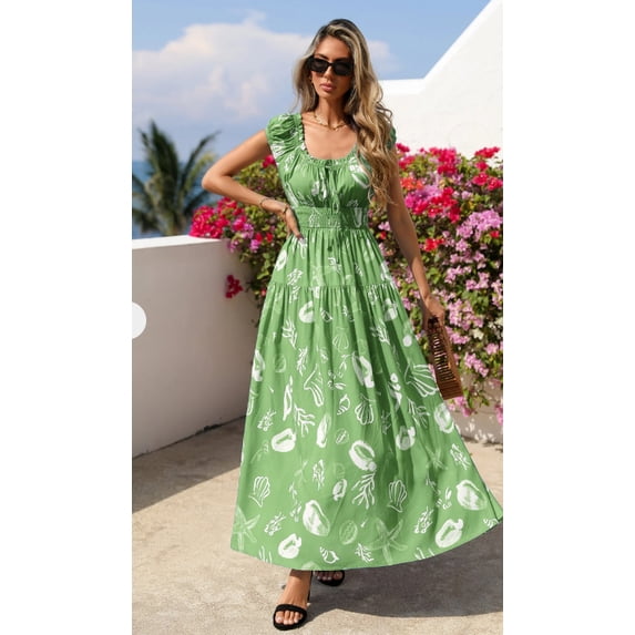 Summer women's bohemian style long dress, short-sleeved flowy long floral print beach vacation dress