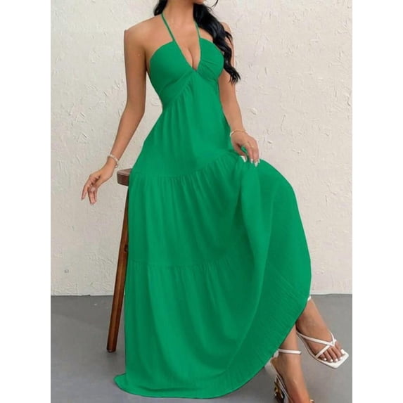 Summer women's halter neck dress with straps and tie-up vacation dress