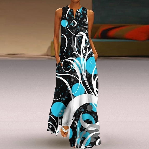 Summer women's sleeveless V-neck printed sexy long dress