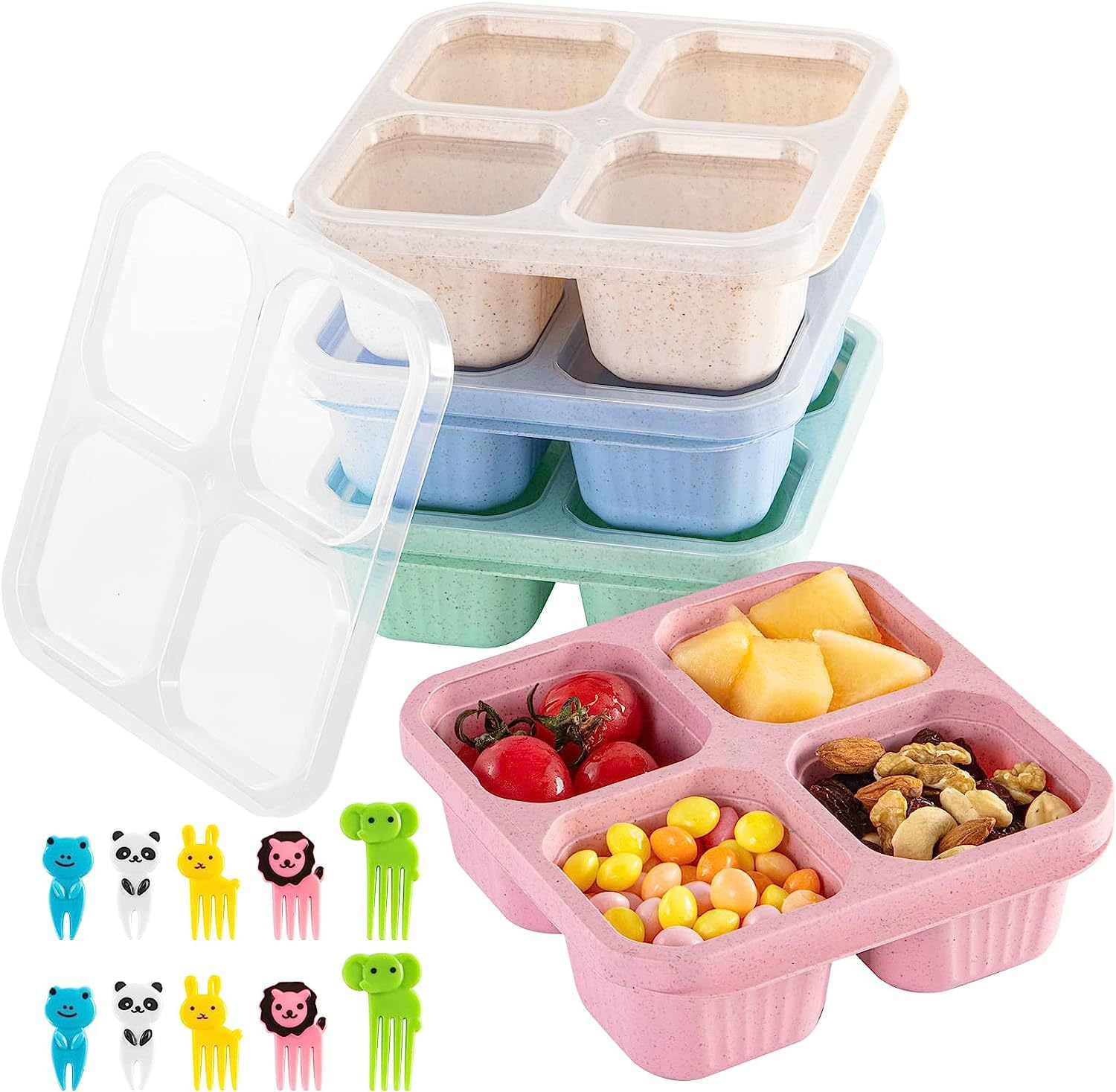 SummerHan Compartment Snack Containers, Portable Bento Divider Snack Boxes, Kids/Toddler/Adult Meal Prep Lunch Containers, Food Storage Containers for School, Work and Travel (Four Colors)