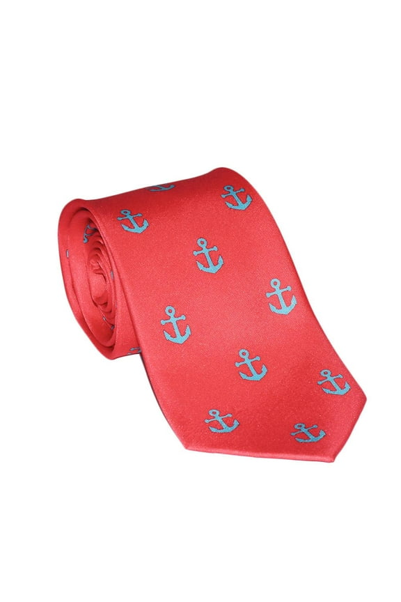 Anchor Necktie - Light Blue on Coral, Printed Silk, Standard Length