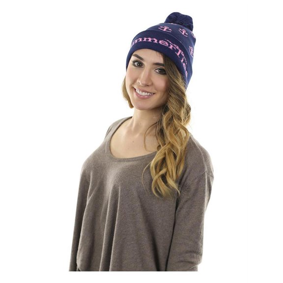 SummerTies Anchor Winter Hat with Pom Pom - Pink Anchors on Navy