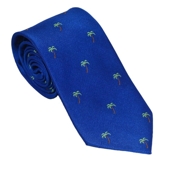 SummerTies Palm Tree Necktie - Blue, Woven Silk, Standard Length