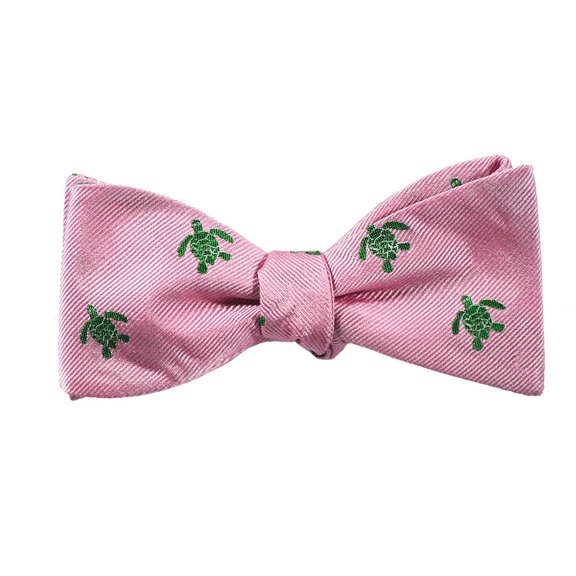 SummerTies Turtle Bow Tie - Green on Pink, Woven Silk, Adult Tie Yourself Bow Tie