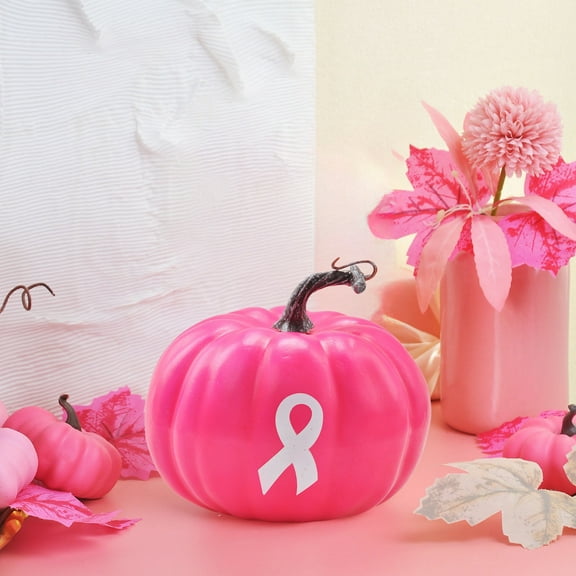 Summercome 1 Pcs Breast Cancer Awareness Decorations Artificial Pumpkins Bulk Faux Foam Pumpkins with Pink Ribbon Pattern for Fall Halloween Table Decor (Hot Pink)
