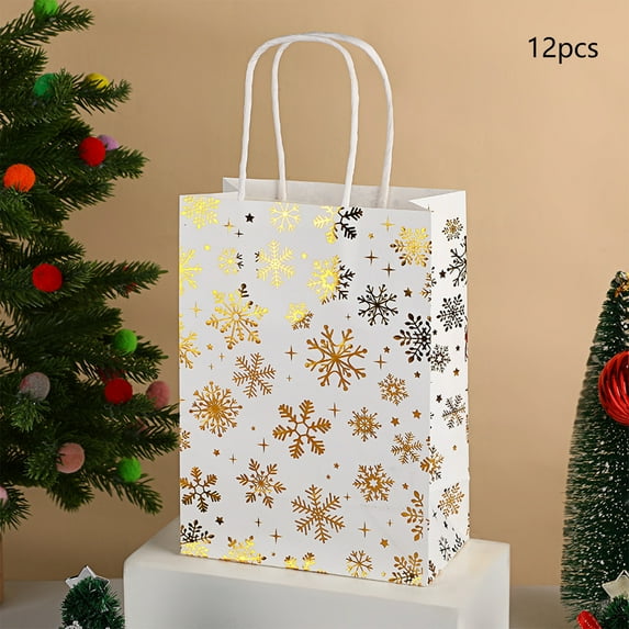 Summercome 12 Pcs Large Christmas Gift Bags, Reusable Unique Designs Christmas Bags with Handle for Gifts Wrapping Shopping Xmas Party Supplies, 8" x 6" x 3", White-Gold, Snowflake