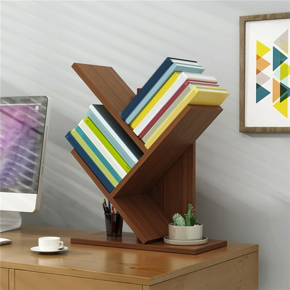 Summercome 2 Tier Tree Bookshelf, Book Tree Bookshelf with Storage Organizer, Small Corner Bookcase Floor Standing Book Shelf for Living Room, Bedroom & Home Office, Brown