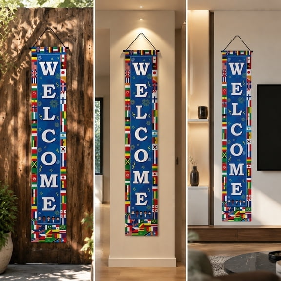 Summercome 2PCS International World Flags Decorations Country Flags of the World Banner Welcome World Porch Sign Banner Around the World Door Banner Soccer Sports Party Supplies Classroom Decors