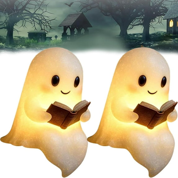 Summercome 2Pcs Cute Ghost Reading Book Lamp, Halloween Ghost Night Light, Ghost Reading Night Lights, 3D LED Night Light Halloween, Light Up Halloween Decor, for Bedroom Study Room, Readers (6inch)