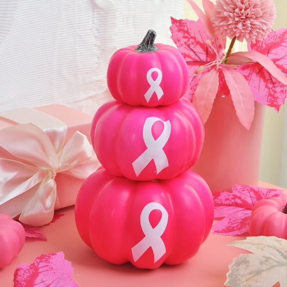 Summercome 3 Pcs Breast Cancer Awareness Decorations Artificial Pumpkins Bulk Faux Foam Pumpkins with Pink Ribbon Pattern for Fall Halloween Table Decor (Hot Pink)