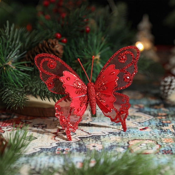 Summercome 3 Pcs Glitter Butterfly Ornaments, Hollow-Out Butterfly Christmas Decorations Artificial Ornaments with Clips for Xmas Holiday Crafts and Tree (Red)
