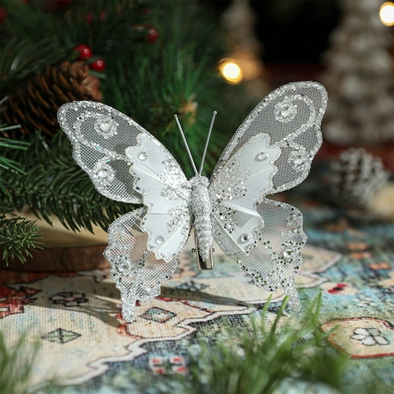Summercome 3 Pcs Glitter Butterfly Ornaments, Hollow-Out Butterfly Christmas Decorations Artificial Ornaments with Clips for Xmas Holiday Crafts and Tree (Silver)