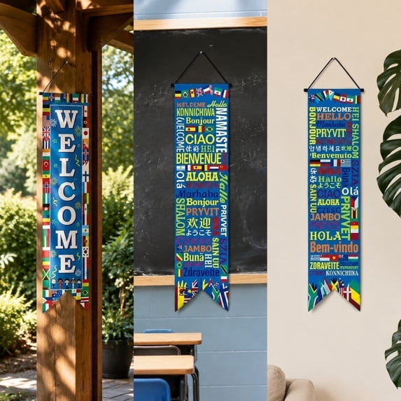 Summercome 3PCS International World Flags Decorations Country Flags of the World Banner Welcome World Porch Sign Banner Around the World Door Banner Soccer Sports Party Supplies Classroom Decors