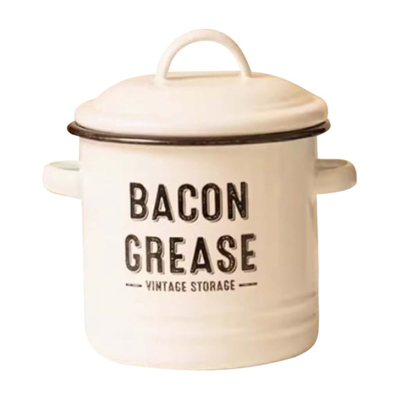 Summercome 42OZ Bacon Grease Container with Strainer - Large Enamel Grease Saver, Functional Farmhouse Stainless Steel Bacon Oil Keeper for Kitchen Storage, Dishwasher Safe - White
