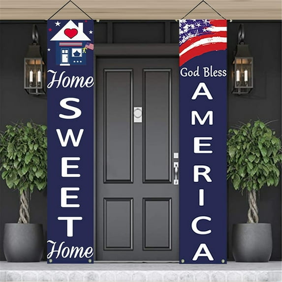 Summercome 4th of July Decorations Outdoor, Hanging American Flag Banners, Stars and Stripes Porch Sign, Patriotic Memorial Day Decor, Party Supplies for Independence Day Memorial Day (2 Pcs)