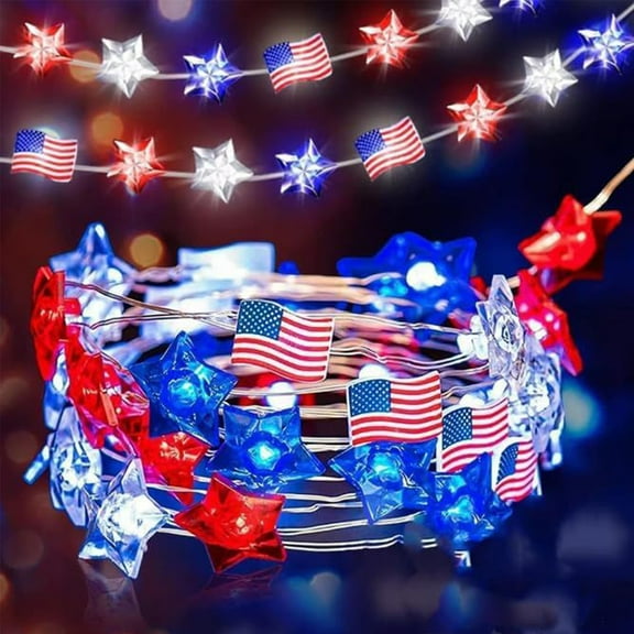 Summercome 50 LED Red White and Blue Lights Mini USA Flag & Star Fairy Lights Battery Operated Remote Timer with 8 Modes for Memorial Day 4th of July Decorations & Patriotic Home Decor (16.4Ft)