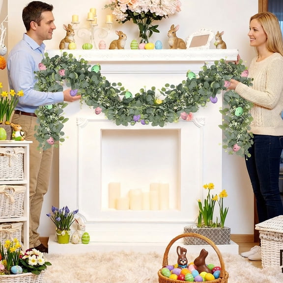 Summercome 6ft Long Easter Artificial Garland with Eggs Spring Mixed Eucalyptus Garland Farmhouse Hanging Rustic Easter Garlands Decor for Front Door Kitchen Fireplace Home Indoor Outdoor