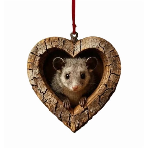 Summercome Animal Christmas Ornament, Heart-Shape Forest Christmas Ornaments, 2D Forest Animal Decoration, Hanging Woodland Pendant for Xmas Tree, Hanging Ornament Home Party Decor, Opossum