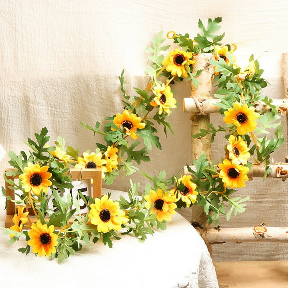 Summercome Artificial Sunflower Garland Decor, 5.74ft/pcs Fake Sunflower Vines Flower Garland Gifts with Green Leaves for Home Wedding Arch Party Table Garden Craft Decoration