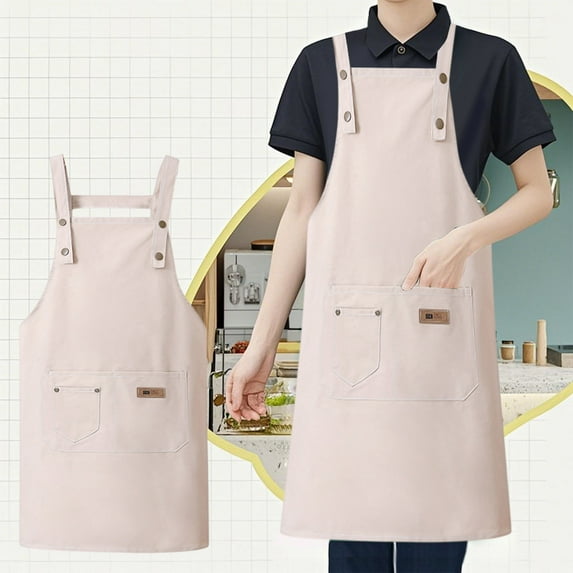 Summercome Chef Apron for Men Women Canvas Aprons with 2 Pockets Cross Back Resistant Work Apron for Cooking, Beige