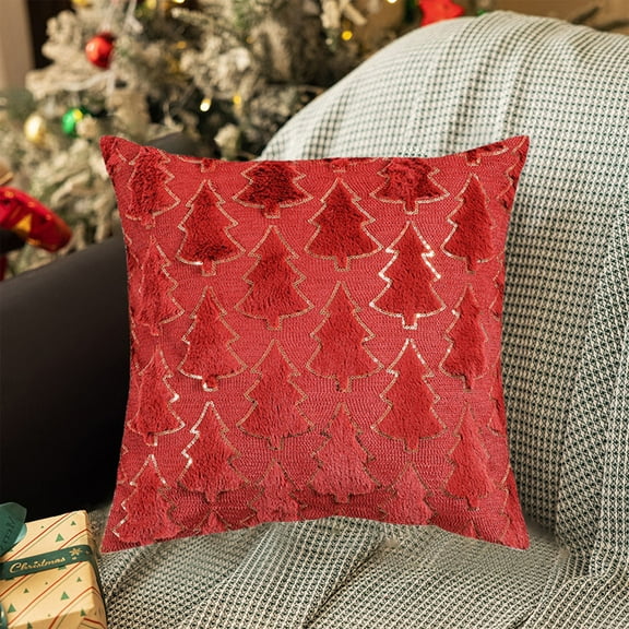 Summercome Christmas Tree Decorative Pillow Covers 18x18, Red Soft Plush Faux Fur Farmhouse Throw Cushion Cases for Xmas Winter Holiday Home Decorations
