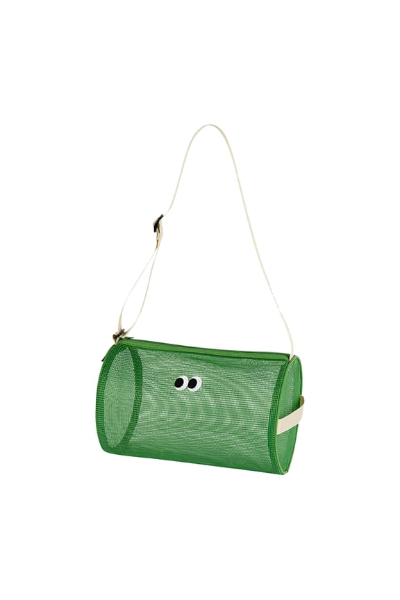 Cylindrical Mesh Tote, Large Capacity Sand Beach Storage Bag, Foldable Carrying Swimming Bag with Adjustable Straps and Zippered, Summer Beach Bag for Men Women Kids (Green)