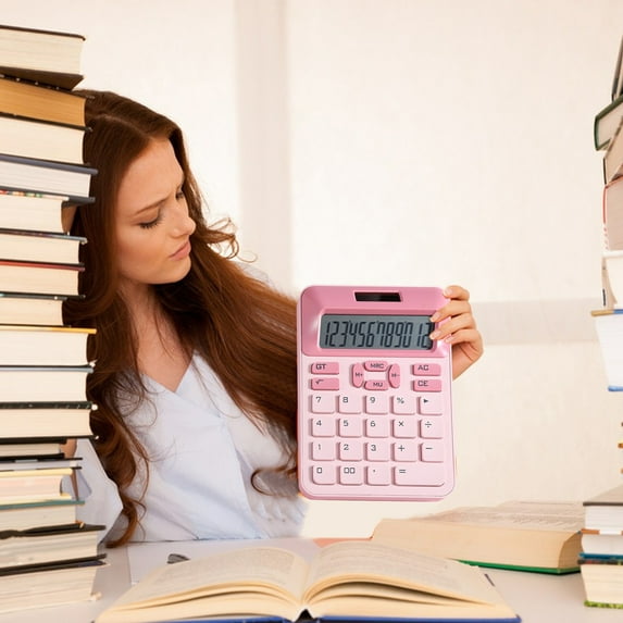 Summercome Desk Calculator, 12 Digit Extra Large LCD Display, Solar Power and Battery, Accounting Calculator with Big Button, Perfect for Business Home Daily Use, SChool Office Supplies, Pink