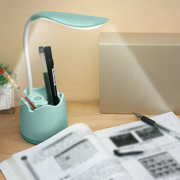 Summercome Desk Lamp for Home Office Dorm, Desk Light with Pen Phone Holder, 3 Dimming Modes Flexible Gooseneck, USB Rechargeable, Eye-Caring Small Desk Lamps for Bedroom Reading, Blue