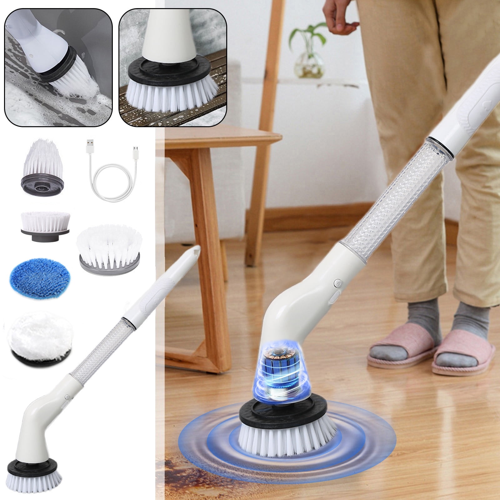 Summercome Electric Spin Scrubber, Bathroom Cleaner, Power Shower Cleaning Brush with Extendable Handle \u0026 5 Brush Heads, USB-C Charging, Shower Scrubber for Bathtub, Tile, and Floor